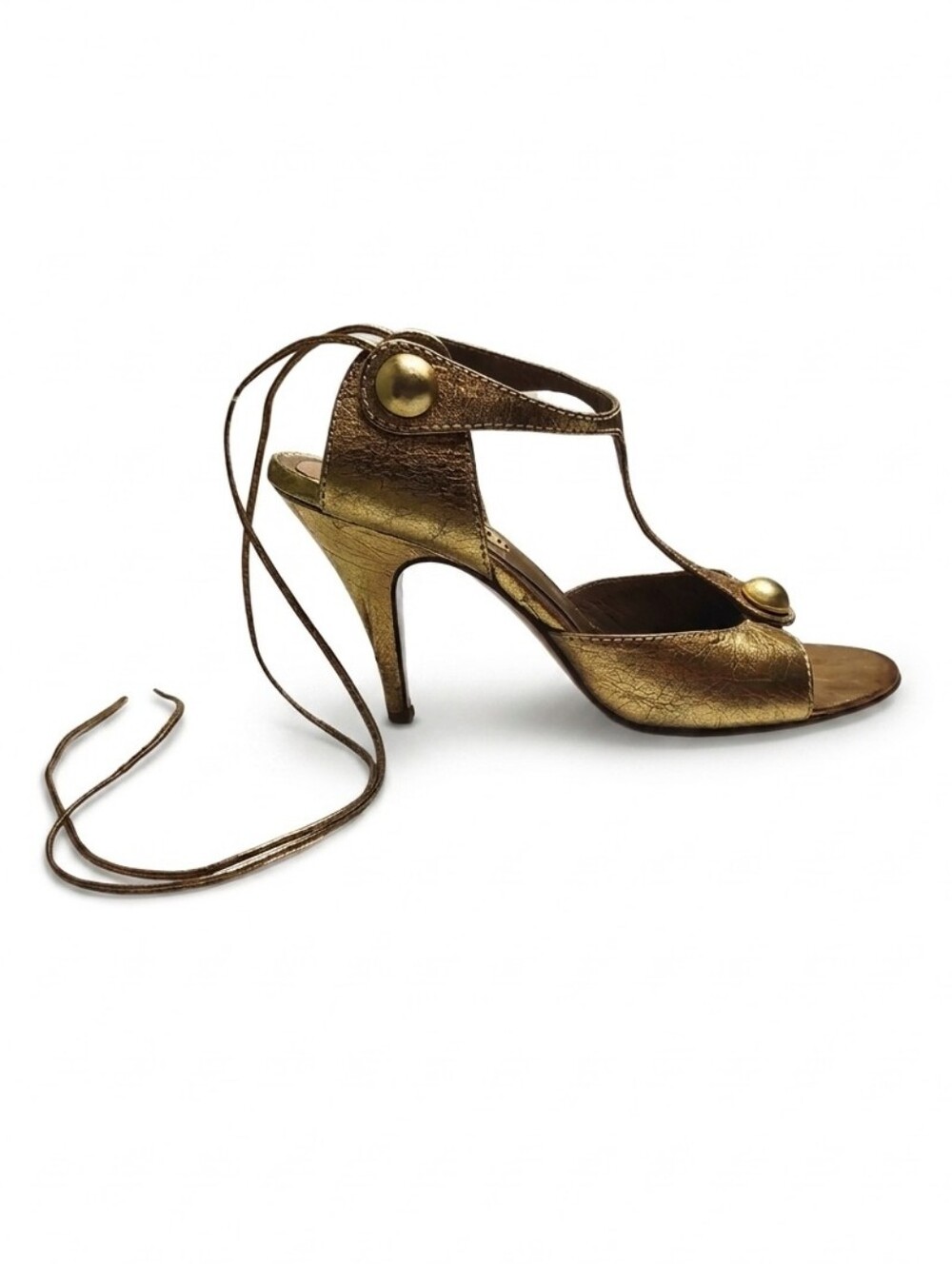 Marni Archival Gold Metallic T-Strap Button Lace-Up Heels Size 8.5